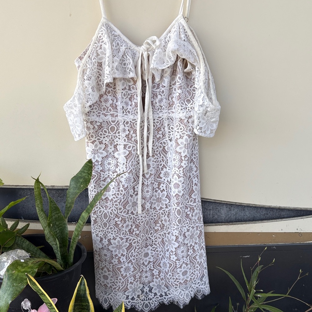 For Love & Lemons “Rosemary” beige cold shoulder Ruffle double Tie Dress